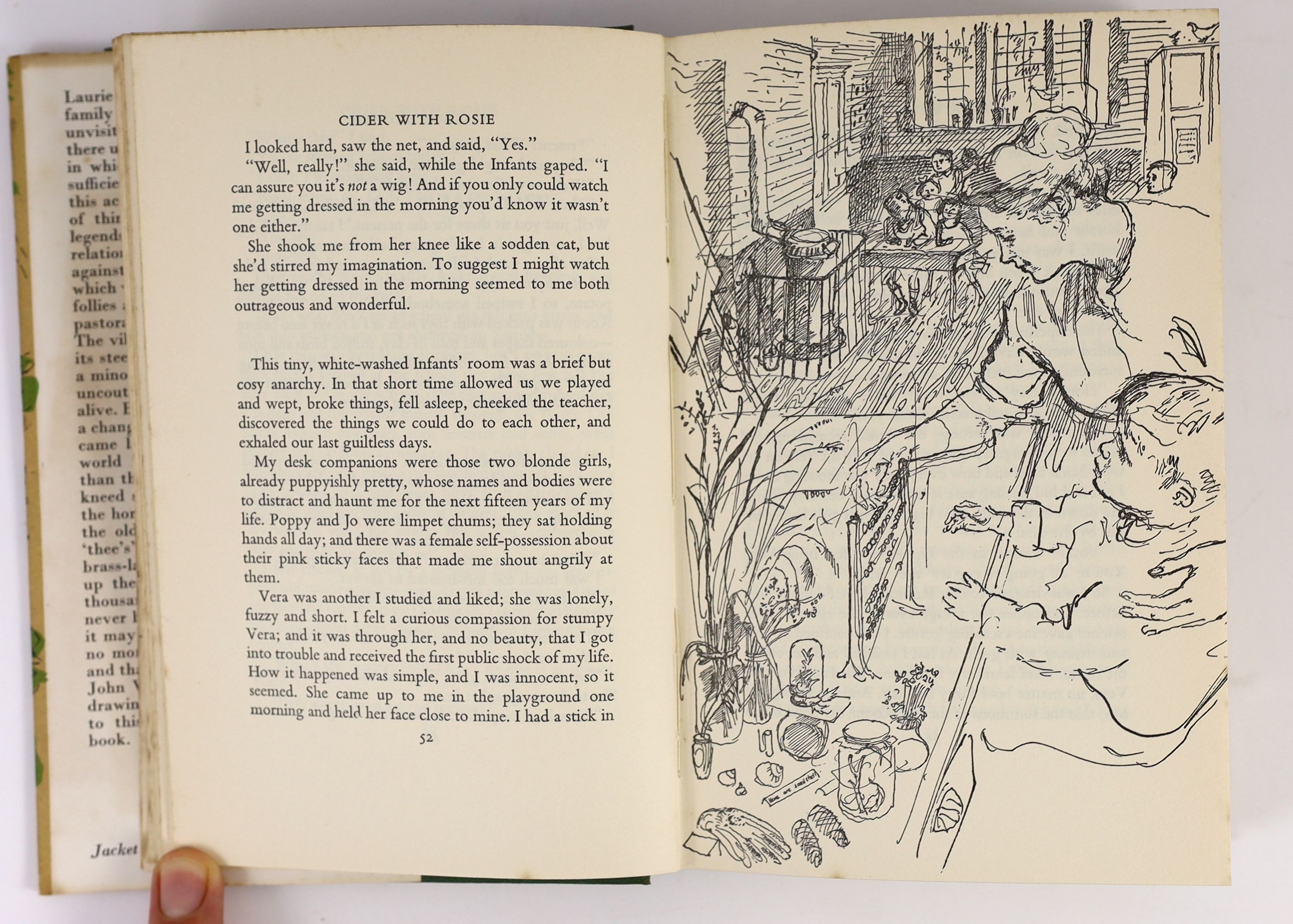 Lee, Laurie - Cider with Rosie, 1st edition, with reference to the fire at the piano works at p.272, original green cloth boards, in unclipped d/j, with illustrations by John Ward, The Hogarth Press, London, 1959, togeth